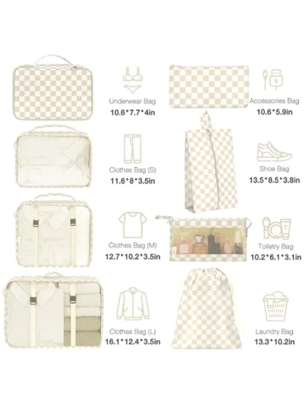 Travel Packing Cubes 8 Piece Luggage Organizer Set Suitcase Storage Bags Khaki